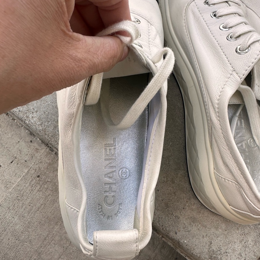 Chanel White and Black Leather Sneakers - Picture 9 of 16